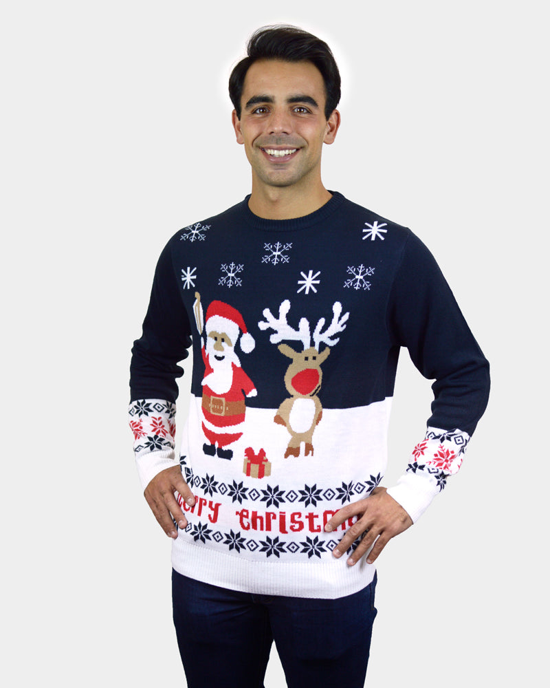 mens Blue Organic Cotton Family Christmas Jumper with Santa and Rudolph