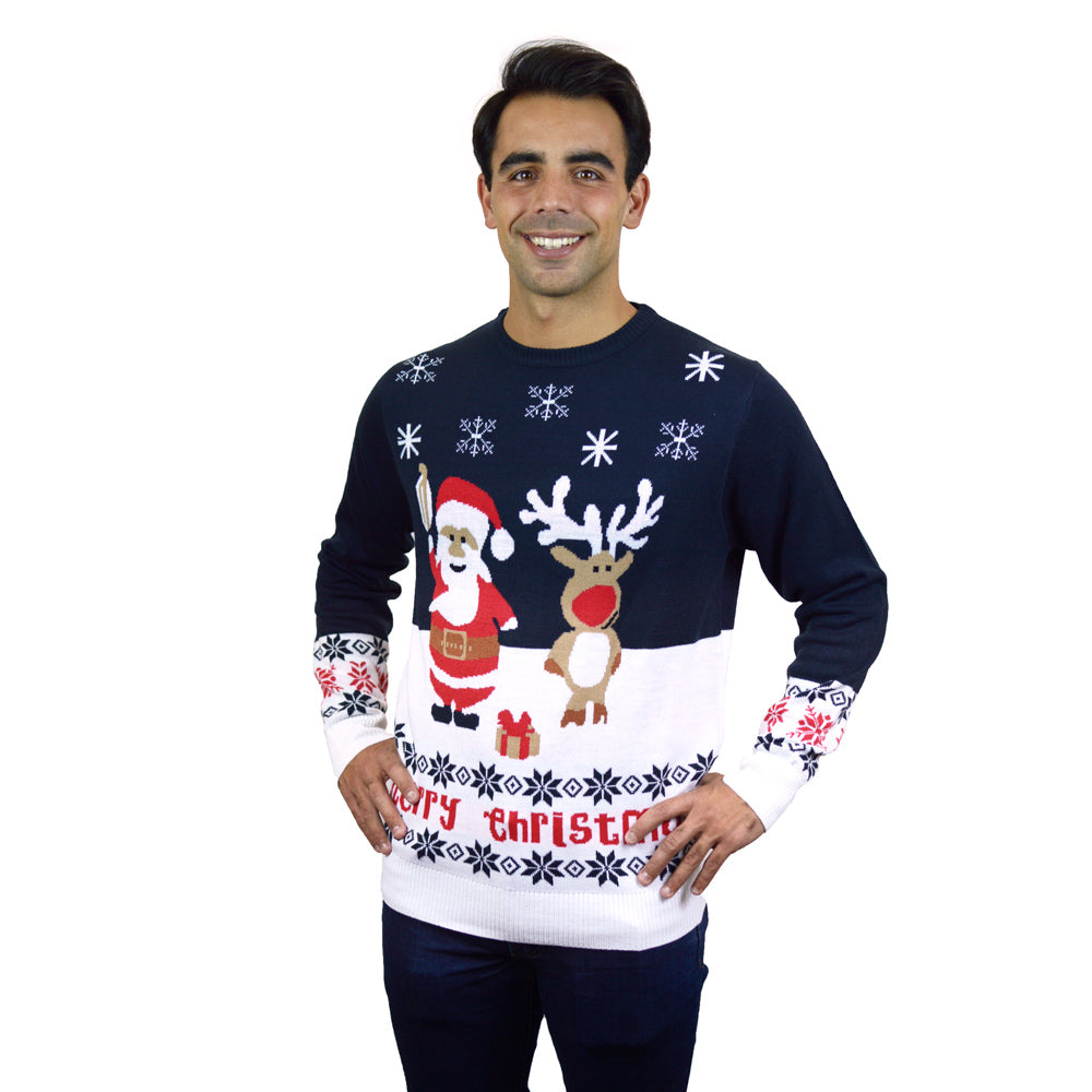 mens Blue Organic Cotton Family Christmas Jumper with Santa and Rudolph