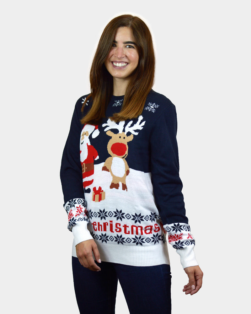 womens Blue Christmas Jumper with Santa and Rudolph