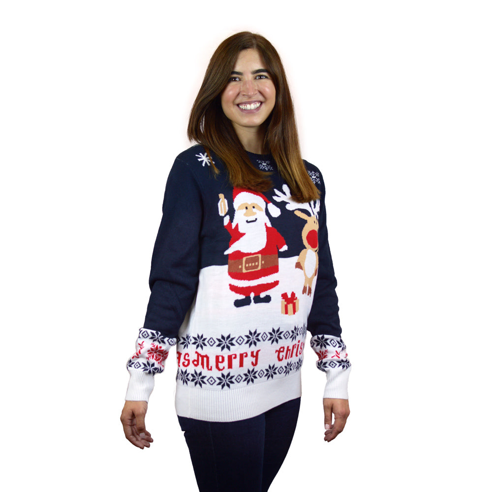 Blue Family Christmas Jumper with Santa and Rudolph womens
