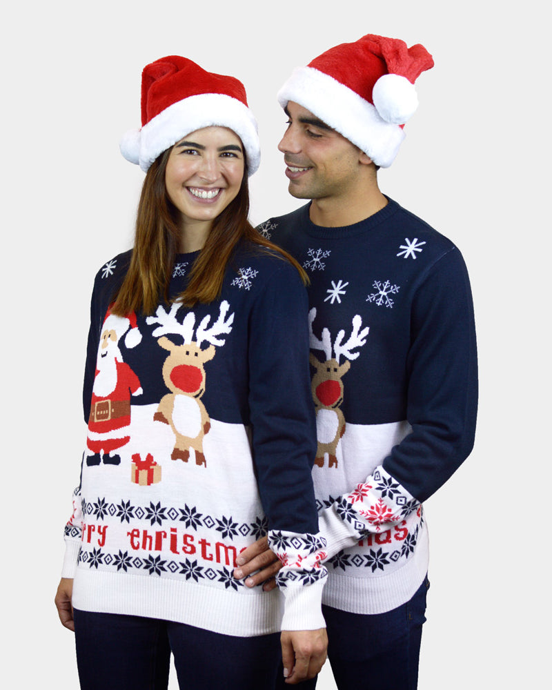 Blue Family Christmas Jumper with Santa and Rudolph couple