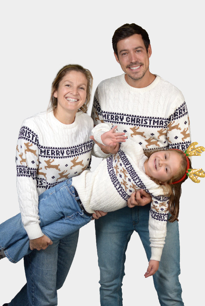 Matching Family Classy White Organic Cotton Christmas Jumper with Reindeer