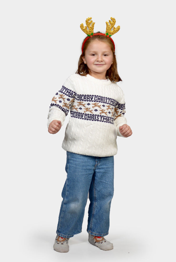 Childrens Classy White Organic Cotton Christmas Jumper with Reindeer