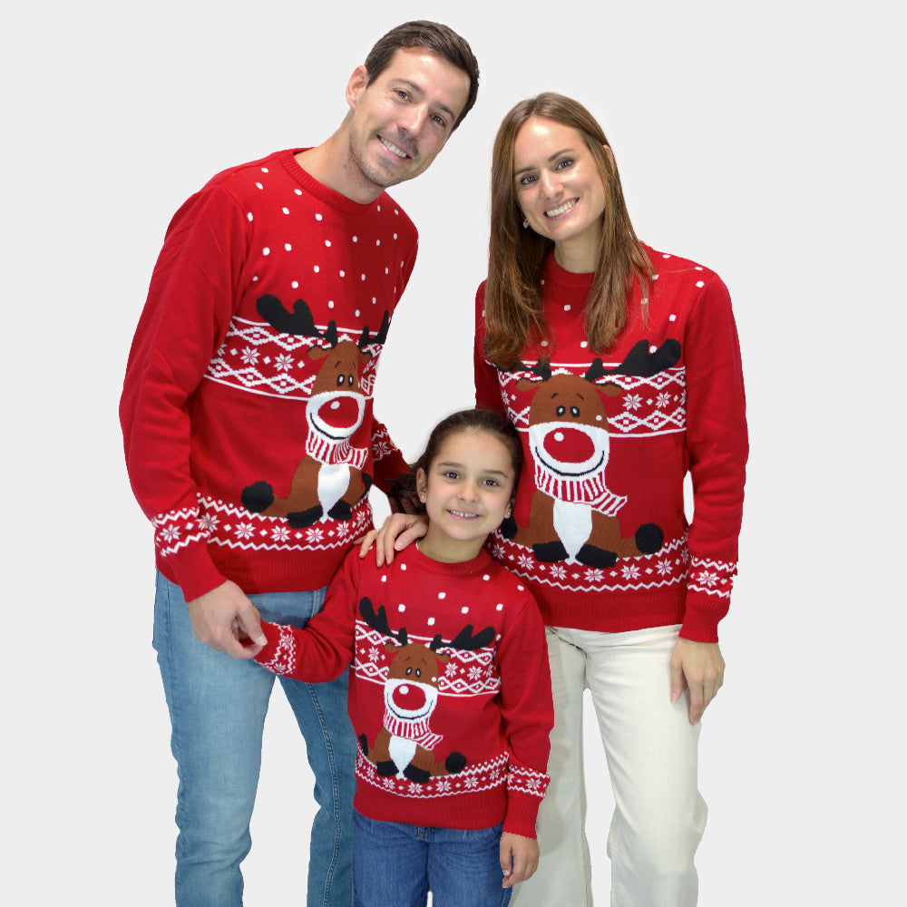 Matching Family Red Christmas Jumper with Rudolph the Happy Reindeer