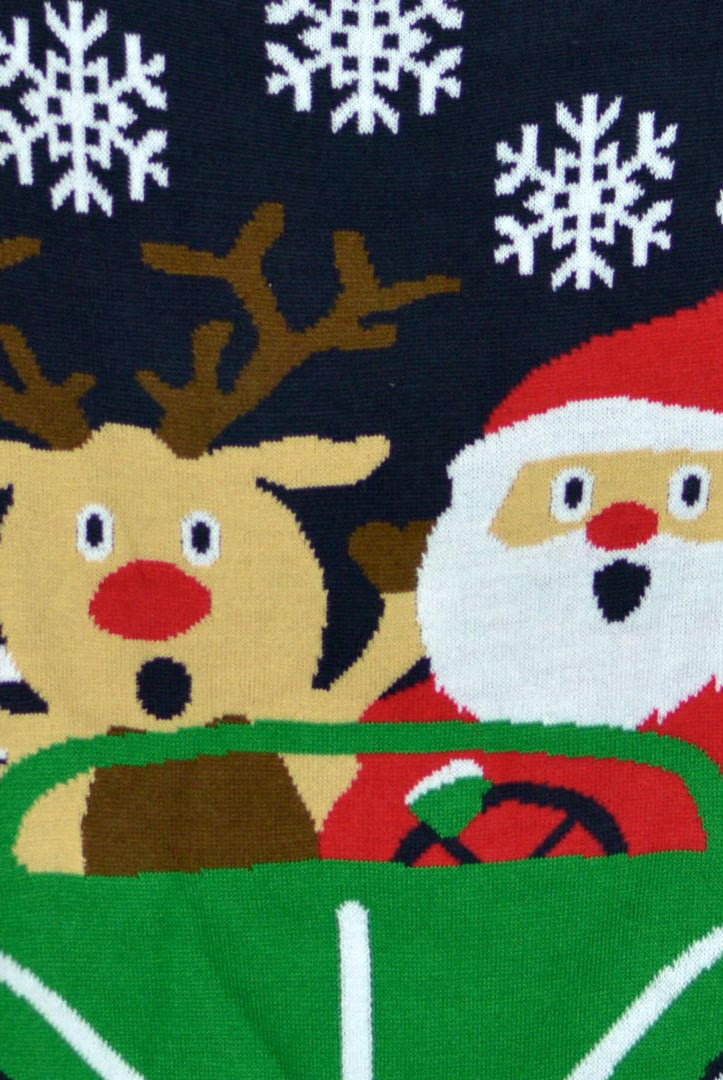 Family Christmas Jumper with Santa and Reindeer Driving detail 2