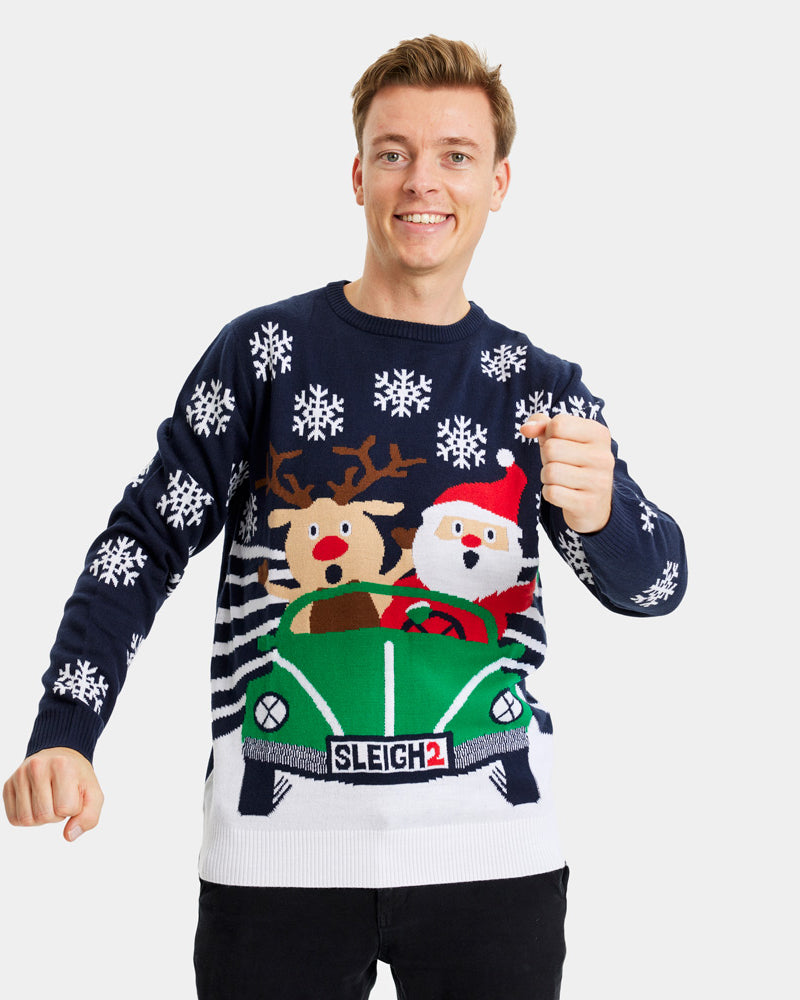 mens Family Christmas Jumper with Santa and Reindeer Driving