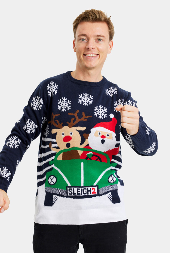 mens Family Christmas Jumper with Santa and Reindeer Driving