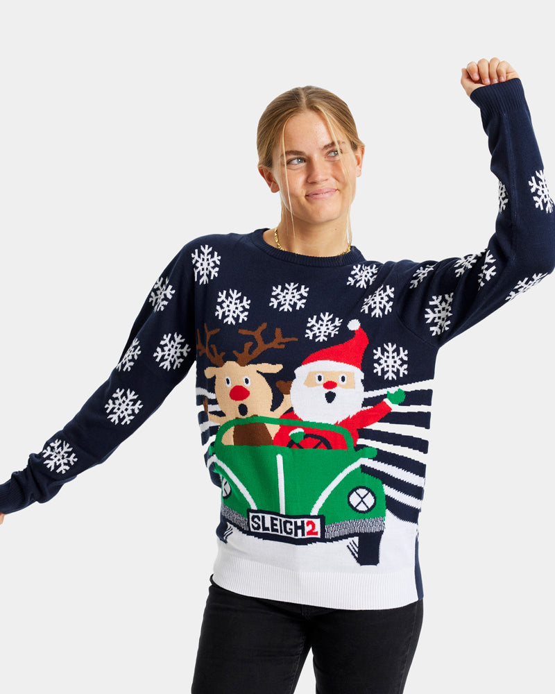 Family Christmas Jumper with Santa and Reindeer Driving womens