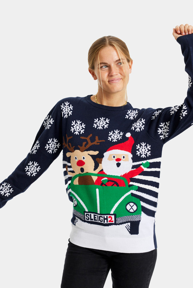 Family Christmas Jumper with Santa and Reindeer Driving womens