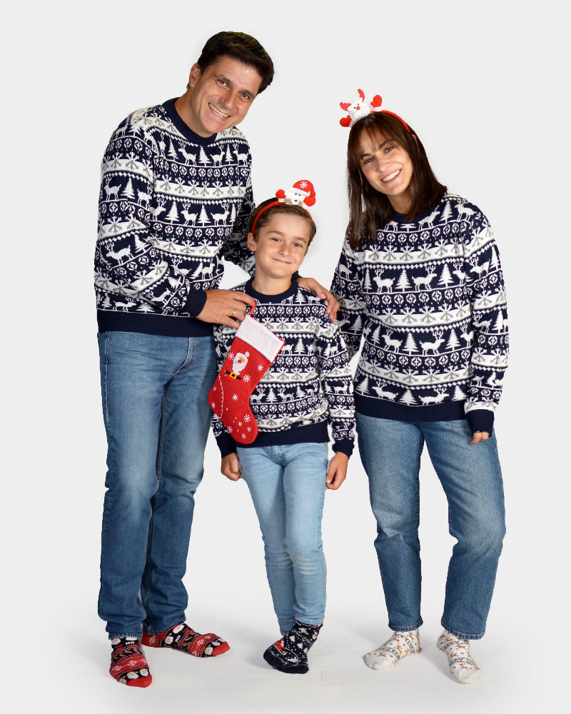 Matching Family Christmas Jumper with Reindeer and Trees Strips