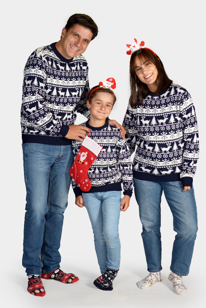 Matching Family Christmas Jumper with Reindeer and Trees Strips