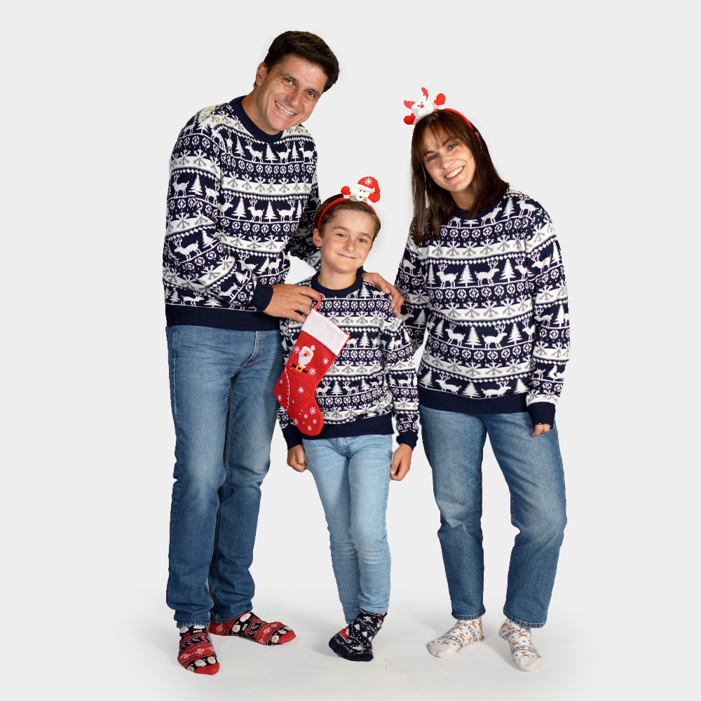 Matching Family Christmas Jumper with Reindeer and Trees Strips