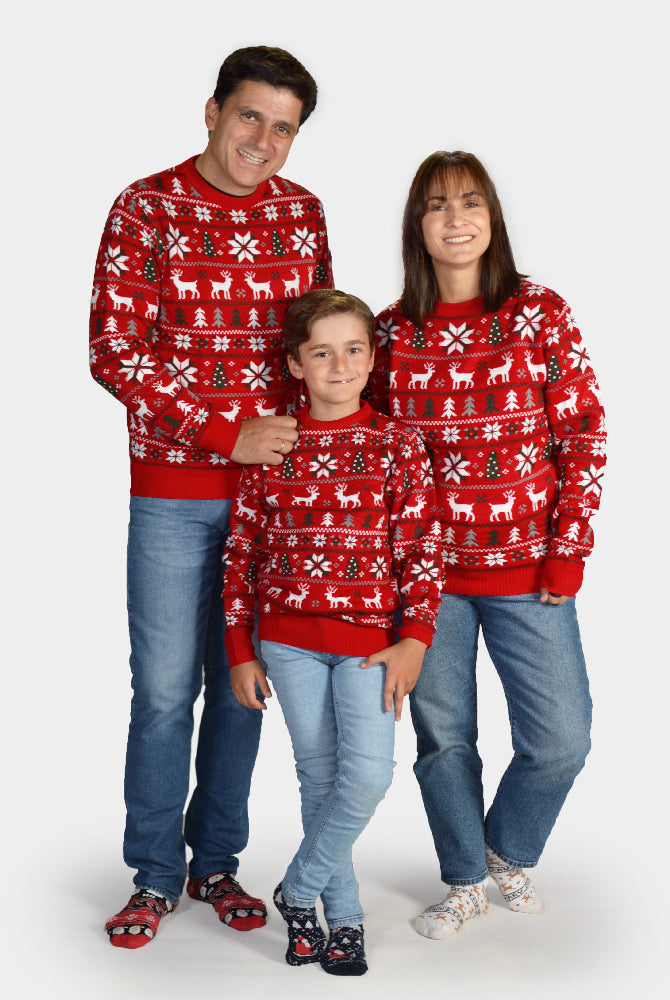 Matching Family Red Christmas Jumper with Reindeer, Trees and Polar Star
