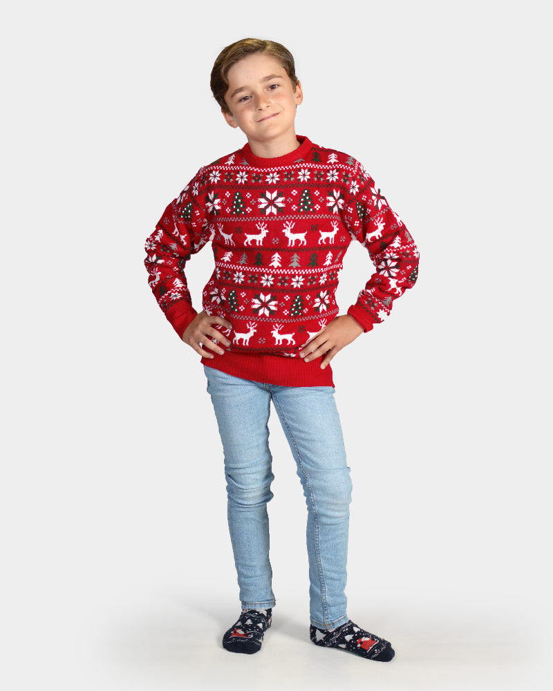 Childrens Red Christmas Jumper with Reindeer, Trees and Polar Star