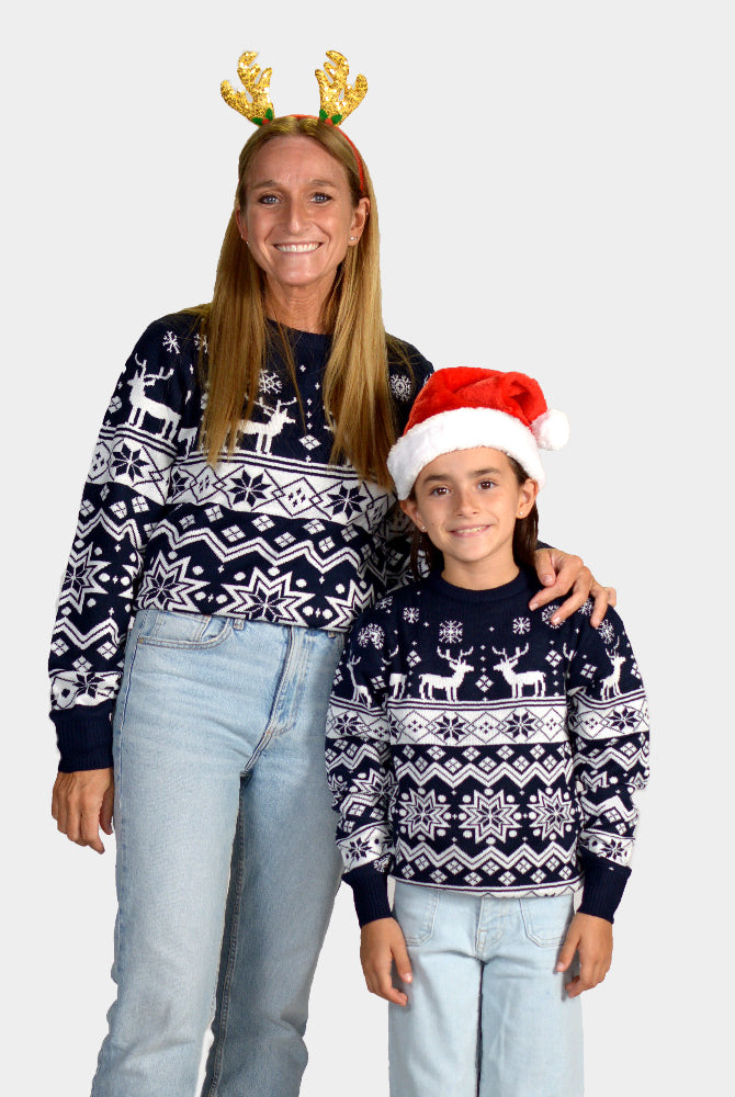 Matching Family Blue Christmas Jumper with Reindeer and Nordic Stars