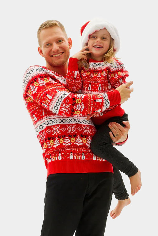 Red Organic Cotton Family Christmas Jumper with Snowmen and Trees
