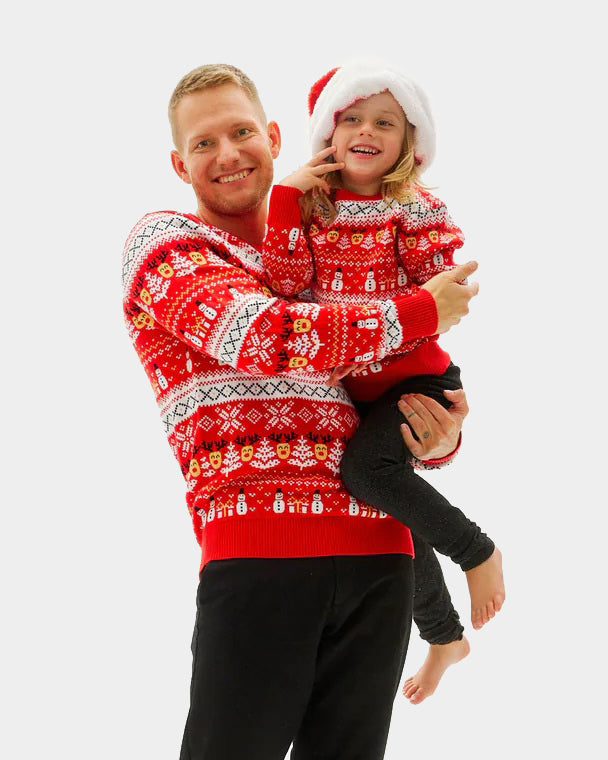 Red Organic Cotton Family Christmas Jumper with Snowmen and Trees