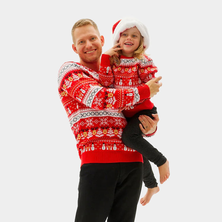 Red Organic Cotton Family Christmas Jumper with Snowmen and Trees