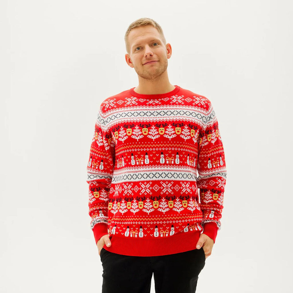 Red Organic Cotton Family Christmas Jumper with Snowmen and Trees mens