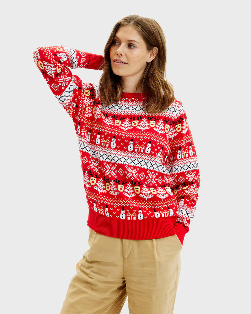 Red Organic Cotton Family Christmas Jumper with Snowmen and Trees womens