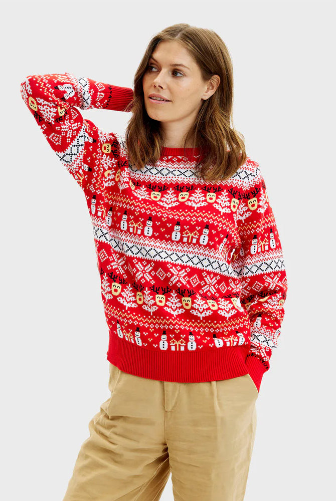 Red Organic Cotton Family Christmas Jumper with Snowmen and Trees womens