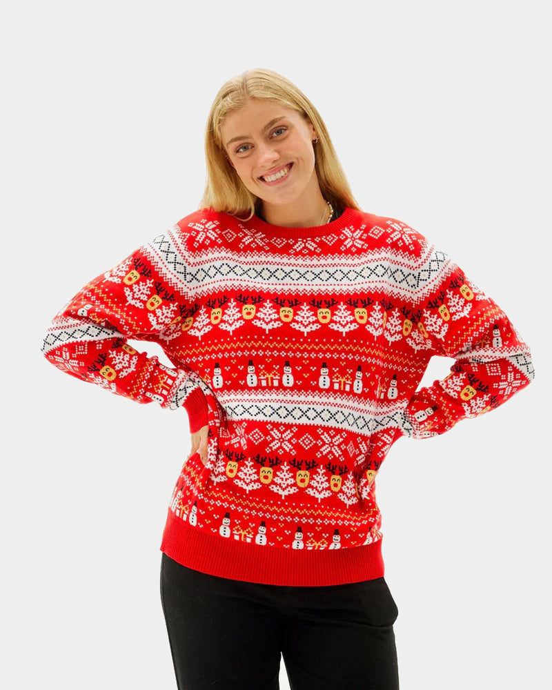 Red Organic Cotton Christmas Jumper with Snowmen and Trees womens