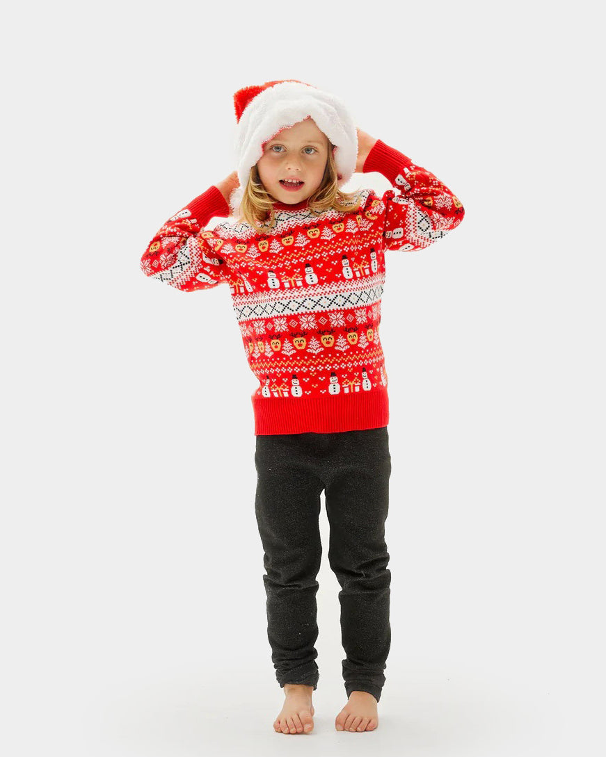 Red Organic Cotton Family Christmas Jumper with Snowmen and Trees kids