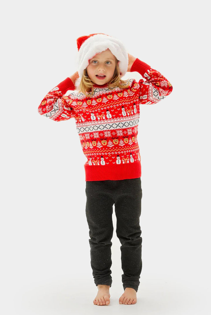 Red Organic Cotton Family Christmas Jumper with Snowmen and Trees kids