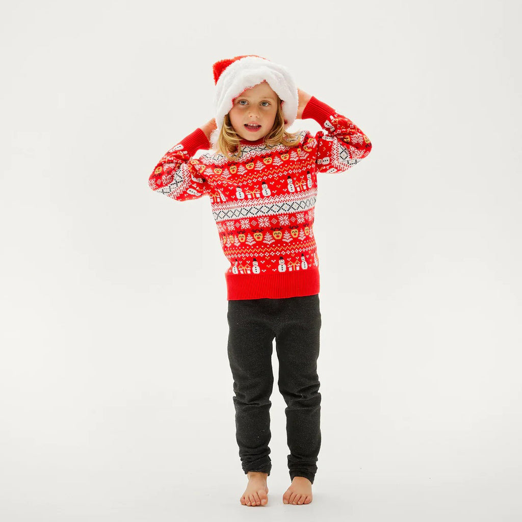 Red Organic Cotton Family Christmas Jumper with Snowmen and Trees kids
