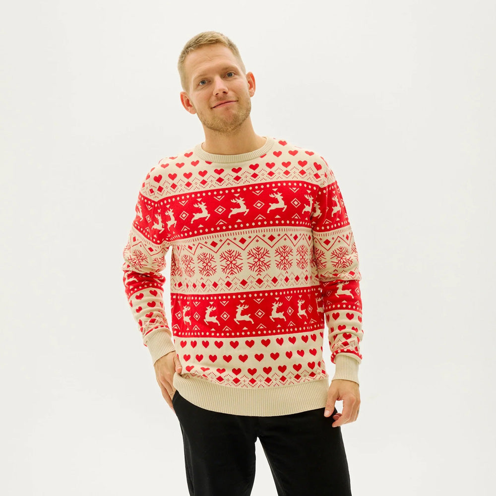 Red & Beige Organic Cotton Christmas Jumper with Hearts mens