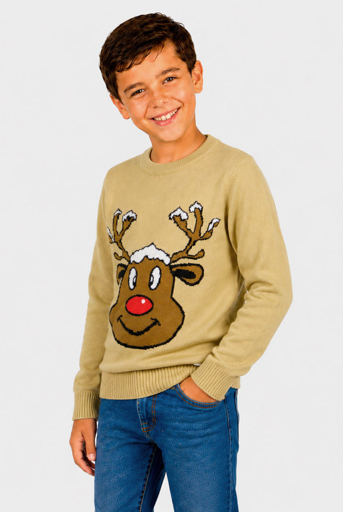 Beige Family Christmas Jumper with Smiling Reindeer Boy