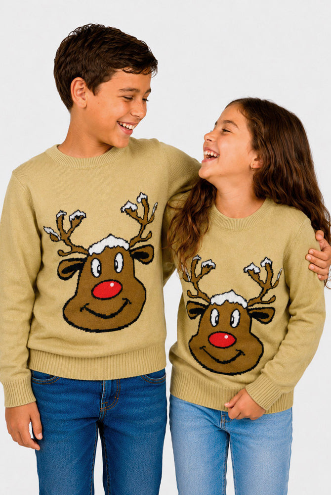Beige Family Christmas Jumper with Smiling Reindeer Children