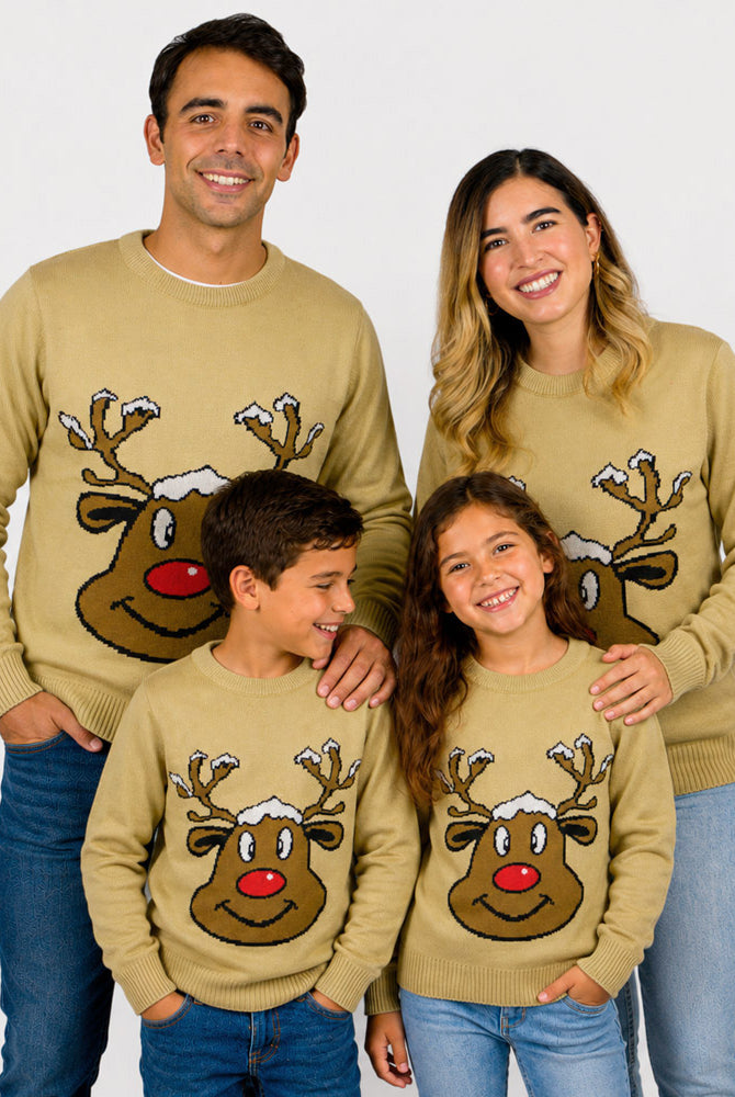 Beige Family Christmas Jumper with Smiling Reindeer
