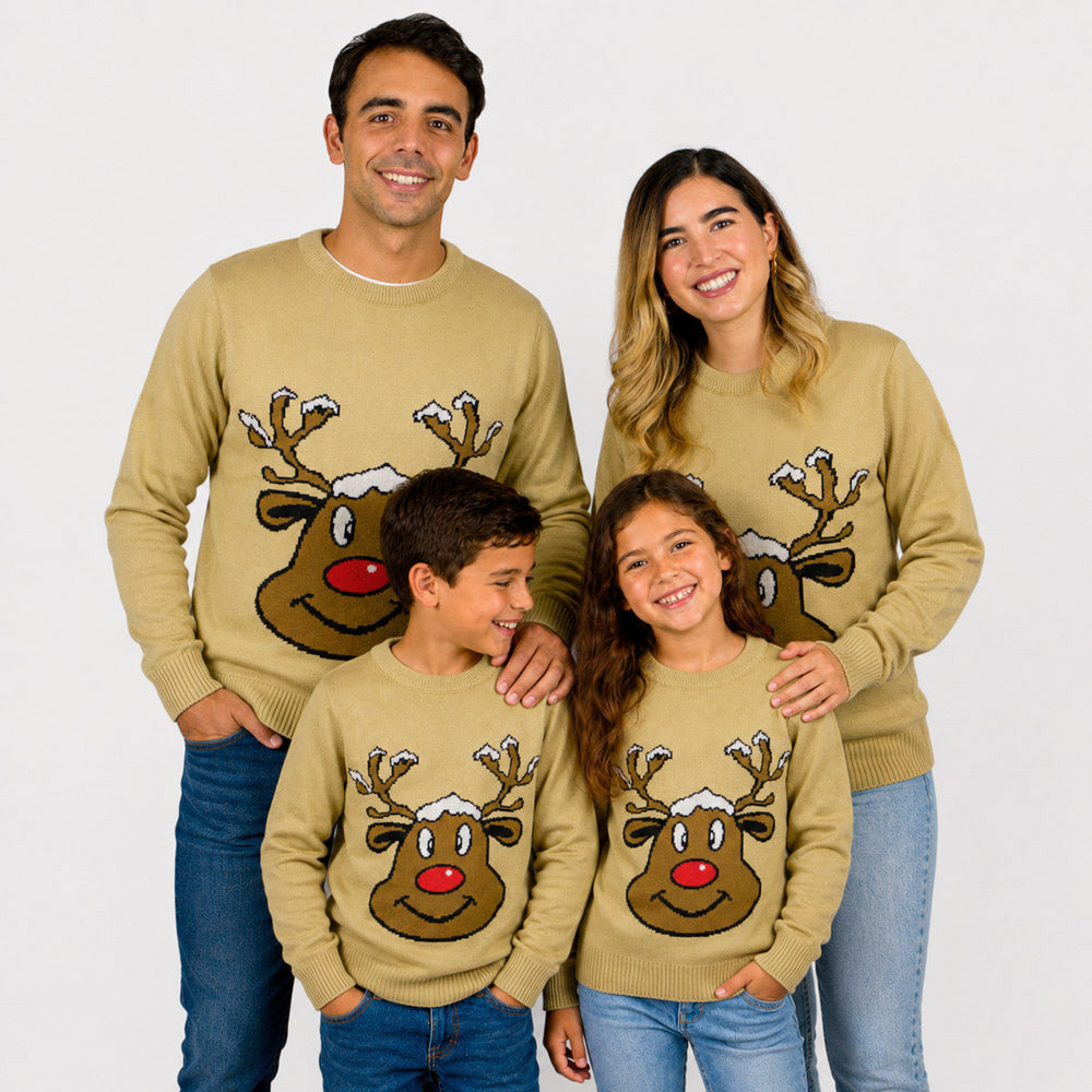 Beige Family Christmas Jumper with Smiling Reindeer
