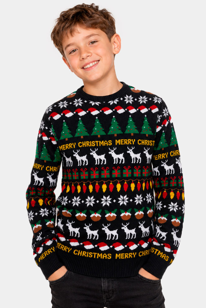 Childrens Black Christmas Jumper with Trees, Reindeer and Gifts