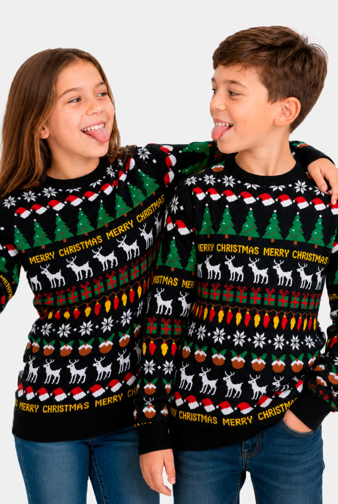 Black Christmas Jumper with Trees, Reindeer and Gifts Childrens