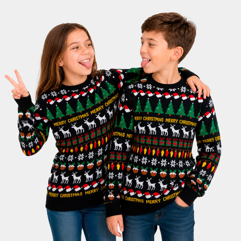 Black Christmas Jumper with Trees, Reindeer and Gifts Childrens