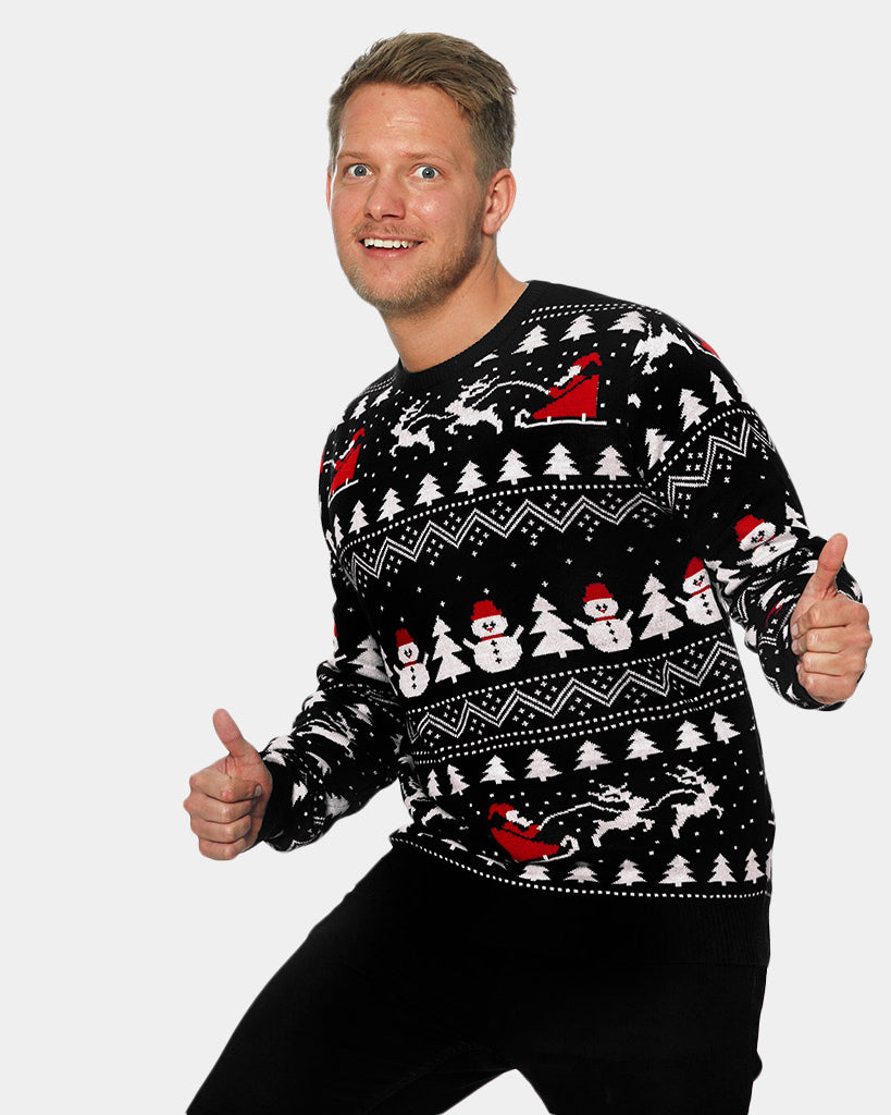 Christmas Jumper Mens Black with Trees, Snowmen and Santa