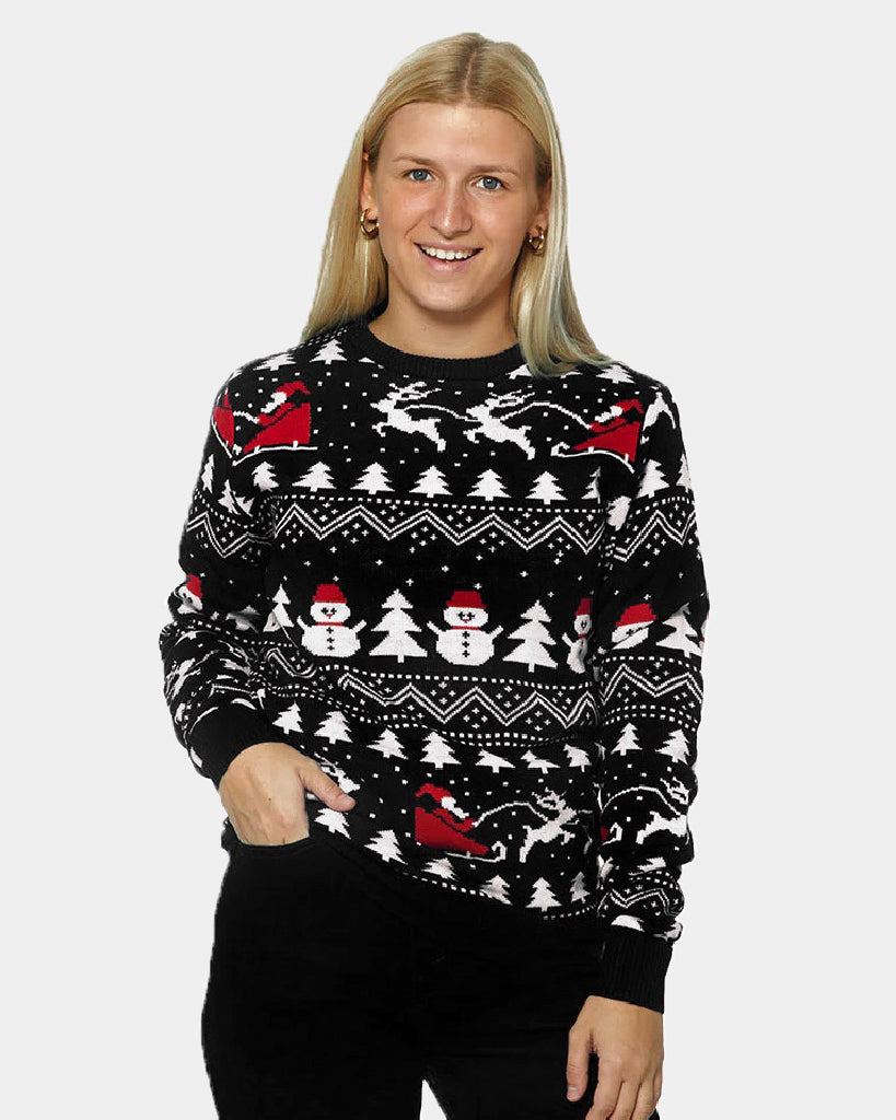 Black Christmas Jumper Womens with Trees, Snowmen and Santa