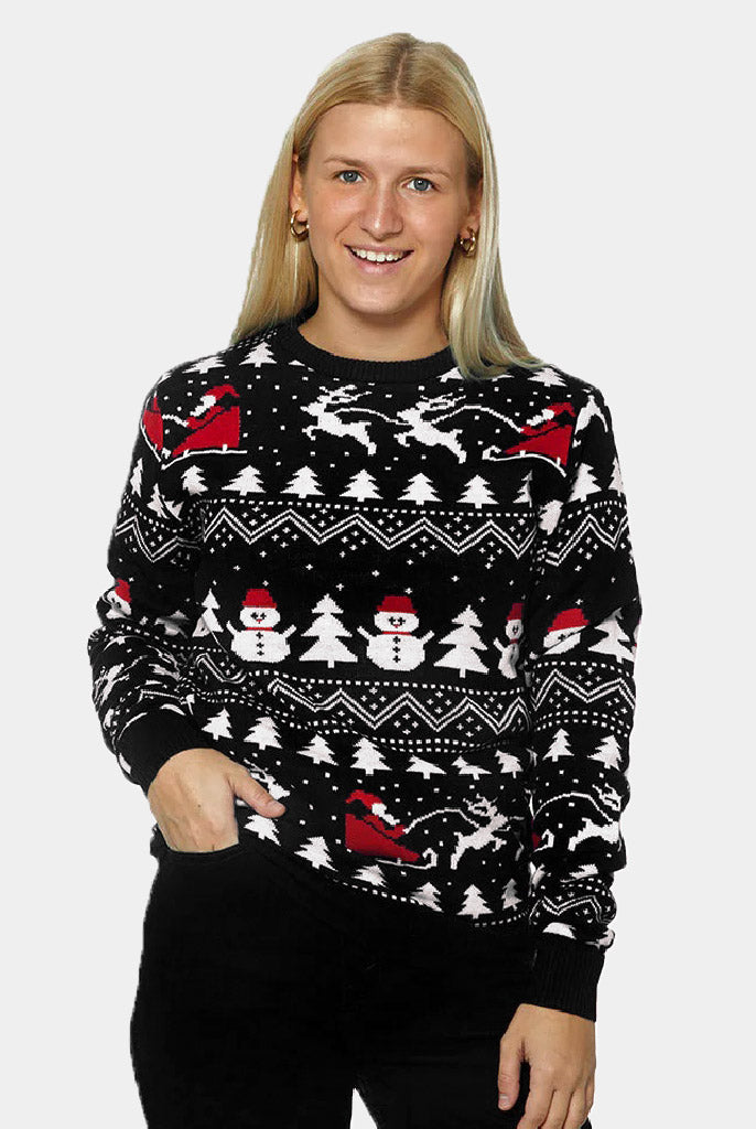Black Christmas Jumper Womens with Trees, Snowmen and Santa