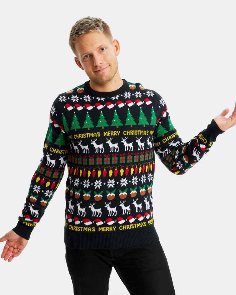 Black Couple's Christmas Jumper with Trees, Reindeers and Gifts mens