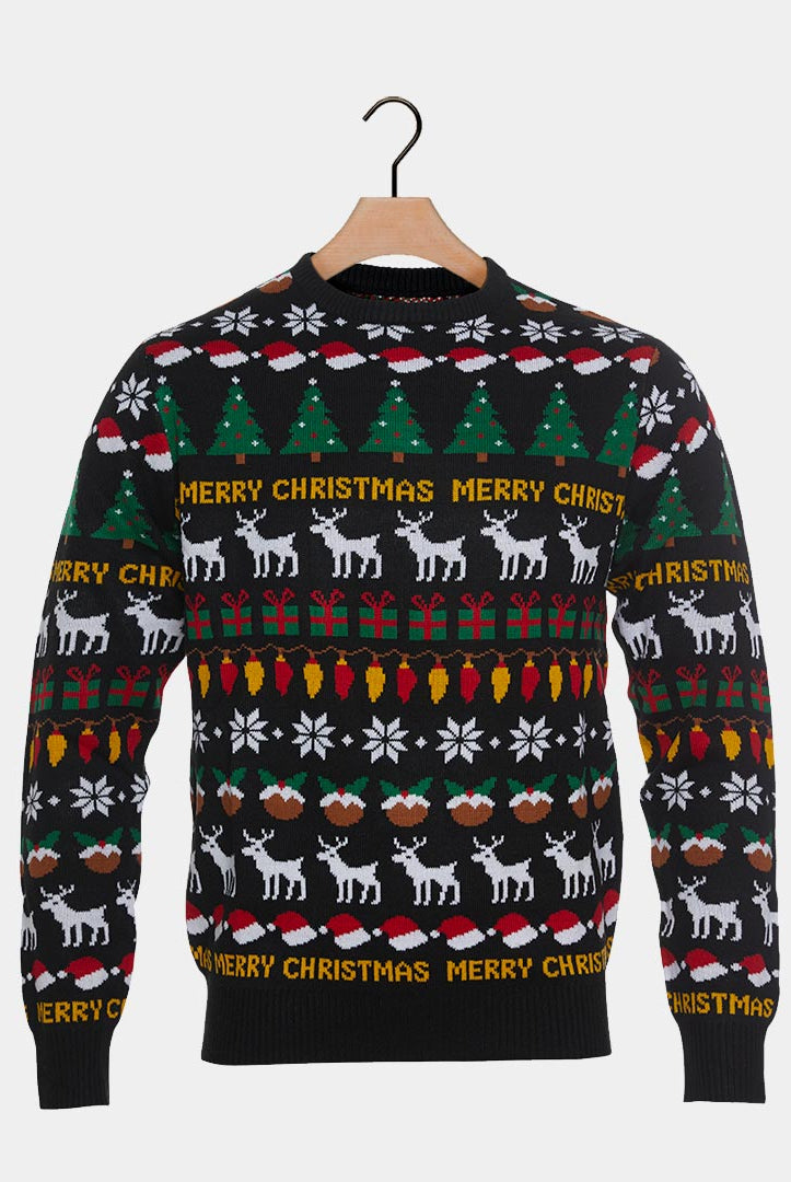 Black Couple's Christmas Jumper with Trees, Reindeers and Gifts