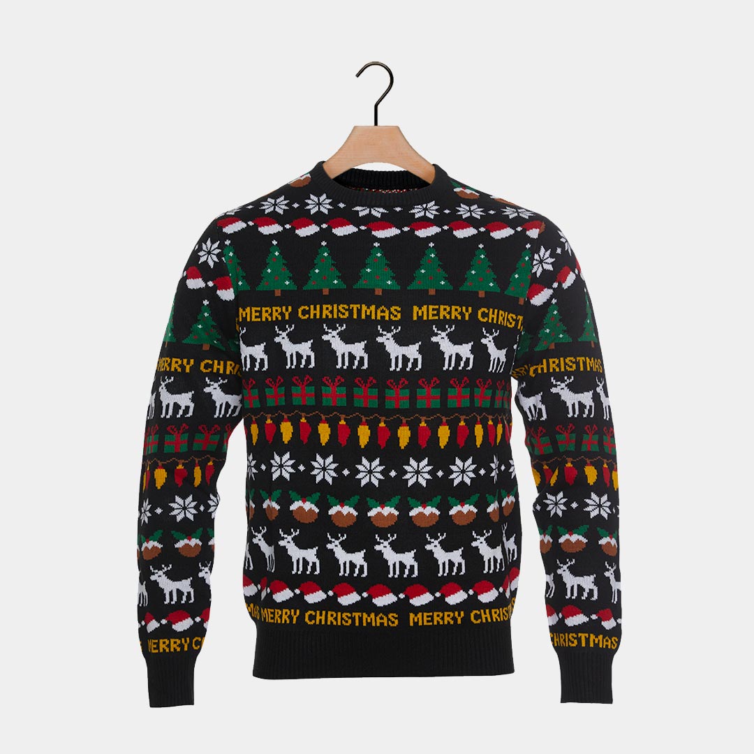 Black Couple's Christmas Jumper with Trees, Reindeers and Gifts