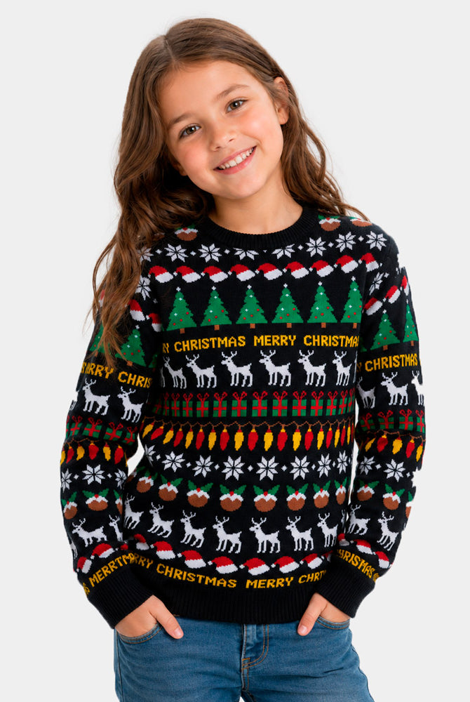Black Christmas Childrens Jumper with Trees, Reindeer and Gifts