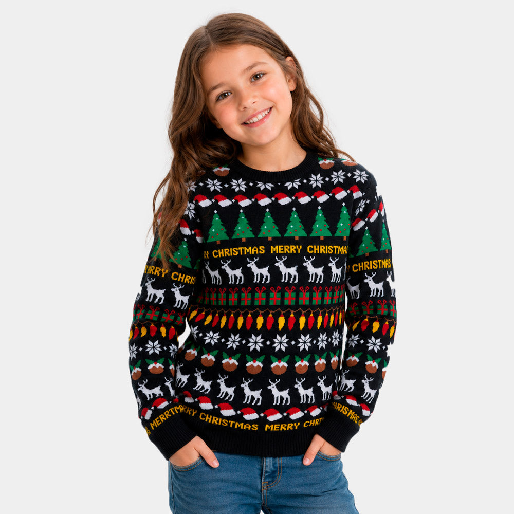 Black Christmas Childrens Jumper with Trees, Reindeer and Gifts