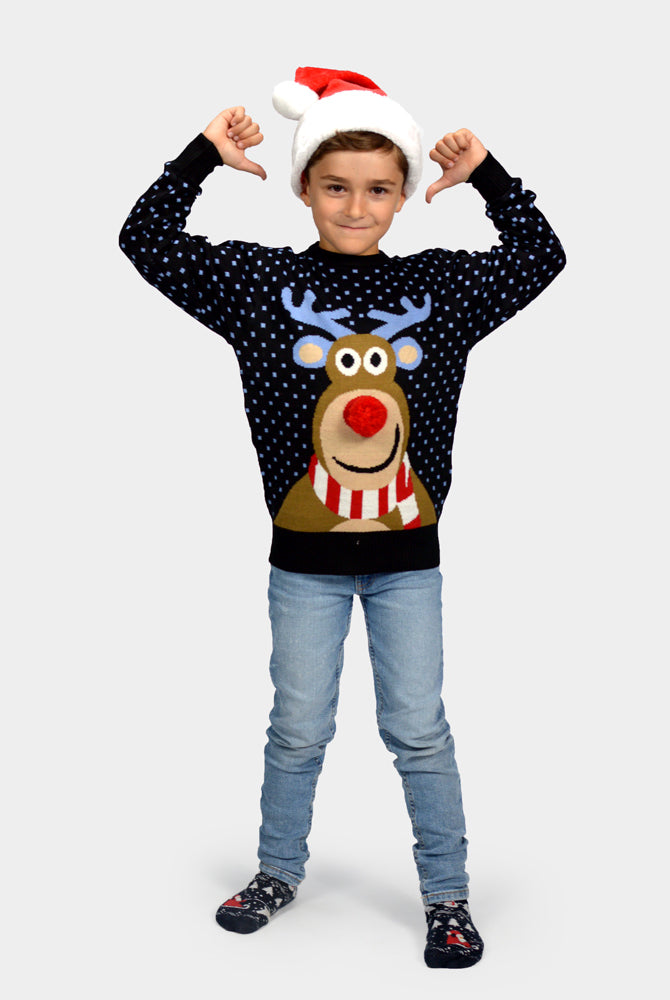 Blue 3D Christmas Jumper Reindeer with Red Nosed Boys