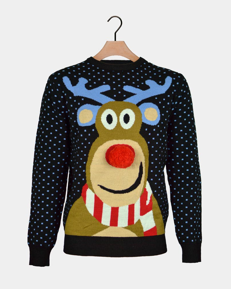 Blue 3D Couple's Christmas Jumper Reindeer Red Nosed