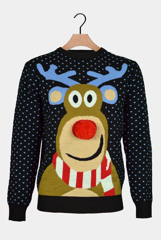 Blue 3D Couple's Christmas Jumper Reindeer Red Nosed