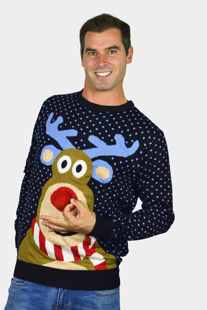 Blue 3D Couple's Christmas Jumper Reindeer with Red Nosed mens