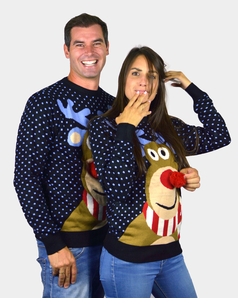 Blue 3D Couple's Christmas Jumper Reindeer with Red Nosed